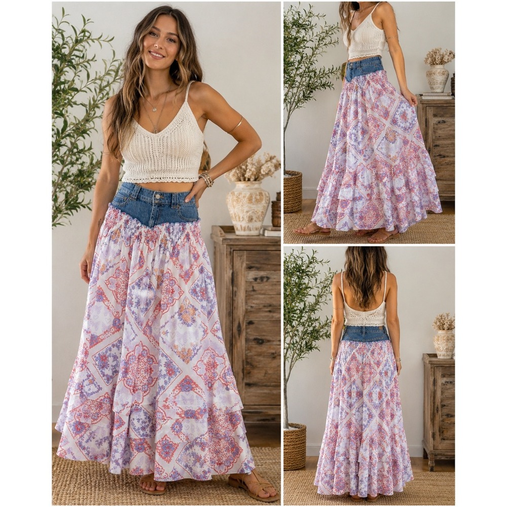 One of a Kind Upcycled Denim Maxi Skirt Size 8 Boho Paisley Tiered Reworked